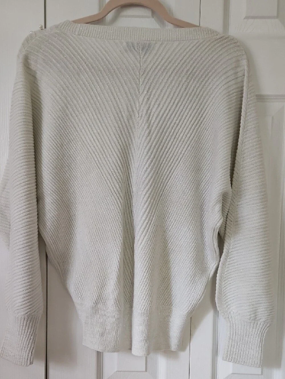 New York & Company Cream V-Neck Sweater with Pearl & Silver Bead Detail